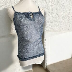 Vintage Y2K Blue Leopard Print Top sheer fairycore sequins beaded XS coquette